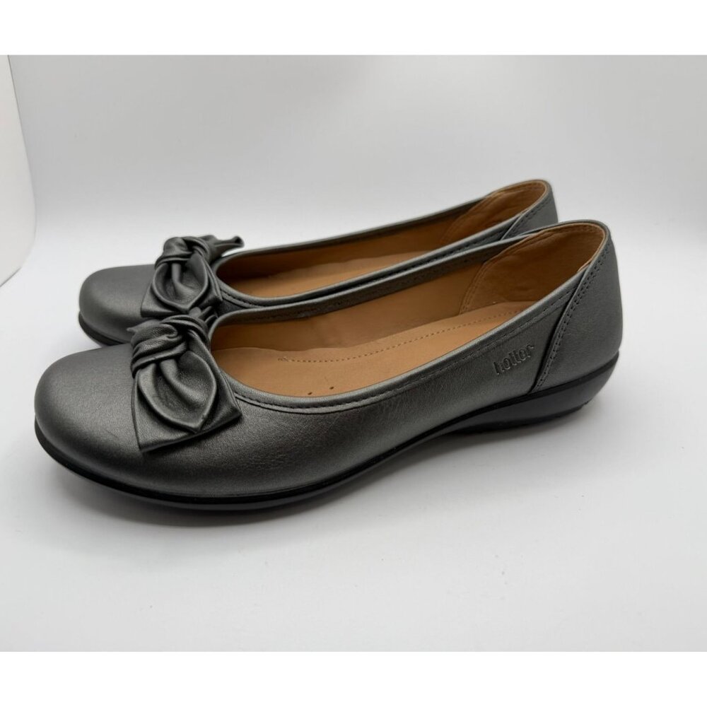 Hotter Jewel Comfort Concept Flats Women Size 7 Pewter Leather Bow Work Shoes